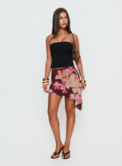 Allissa Chiffon Asymmetrical Mini Skirt Burgundy Floral