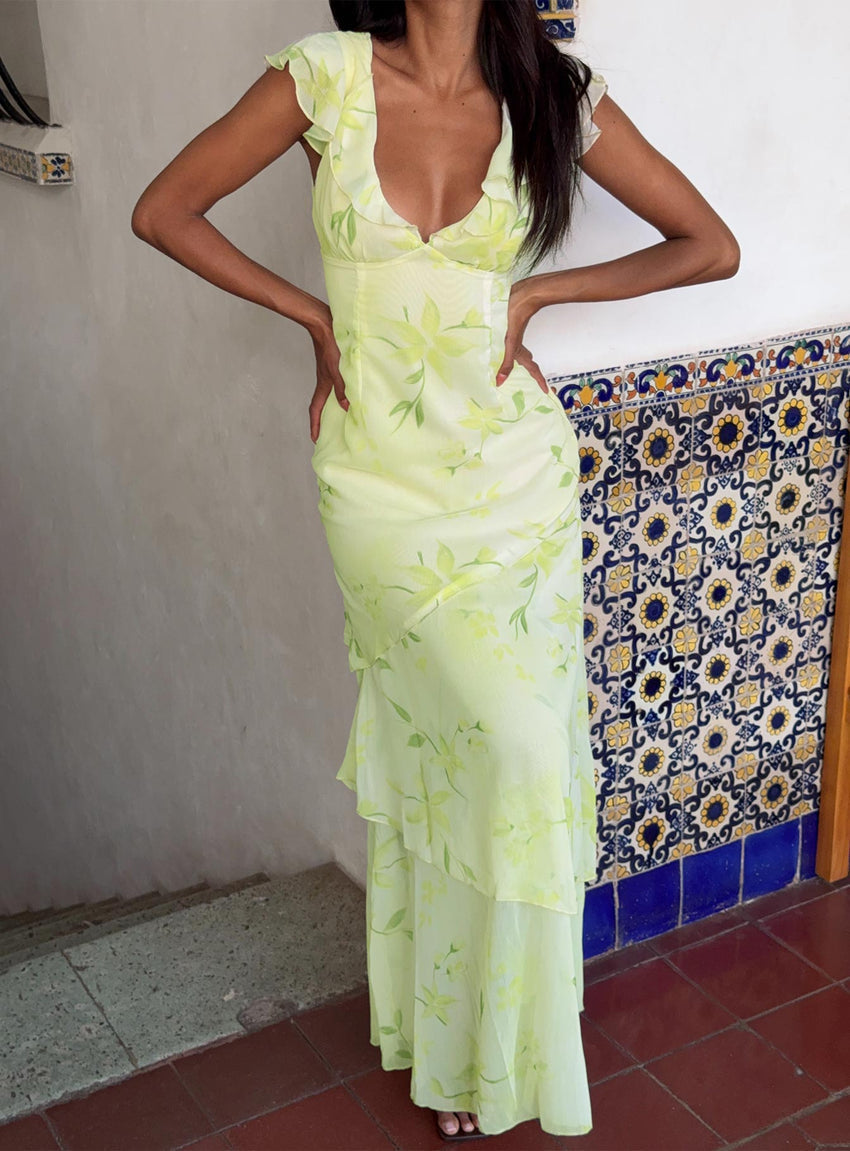 Been Away Frill Maxi Dress Green Multi